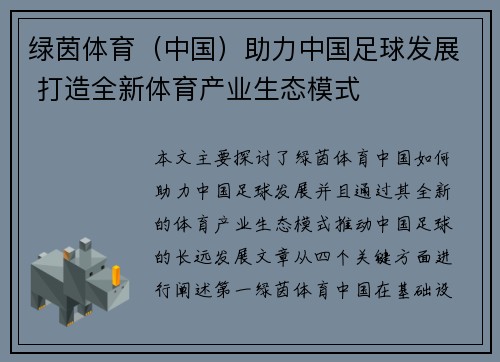 绿茵体育（中国）助力中国足球发展 打造全新体育产业生态模式