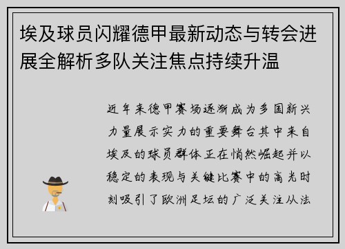 埃及球员闪耀德甲最新动态与转会进展全解析多队关注焦点持续升温 埃及球员闪耀德甲最新动态与转会进展全解析多队关注焦点持续升温