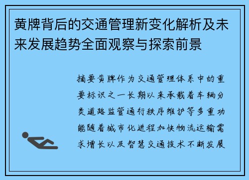 黄牌背后的交通管理新变化解析及未来发展趋势全面观察与探索前景